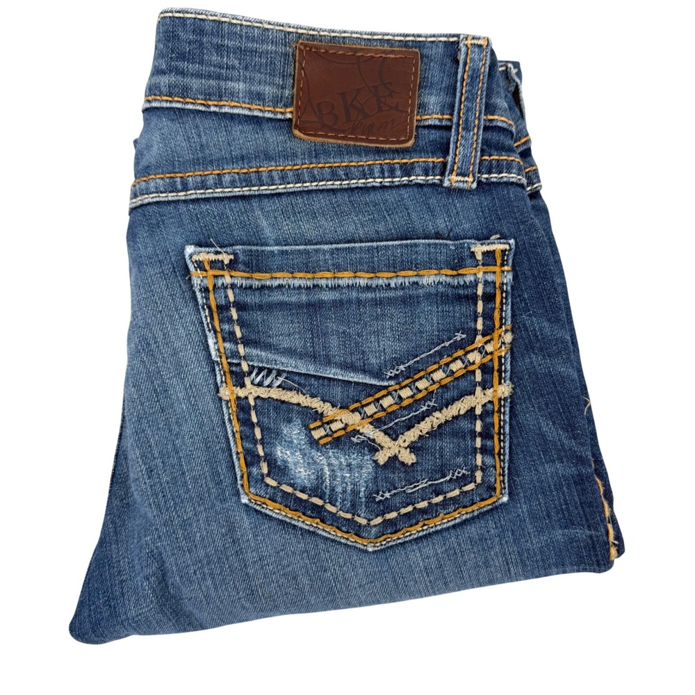 BKE Stella Straight Leg Jeans Women 25R Blue Excellent Distressed Embroidered